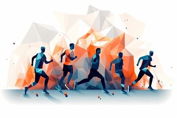 Poster - A Group Of People Running In A Marathon With A Low Poly Background Sports Bar Sports Photography Competitive Analysis Generative AI 