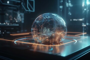 Poster - A Glass Ball With A City In It On A Table In A Dark Room Factory Animation Motion Graphics Generative AI 