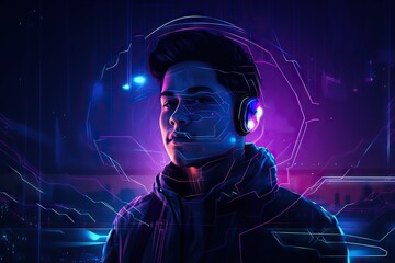 Poster - A Man With Headphones On His Ears In A Futuristic Setting Factory Digital Art Computer Graphics