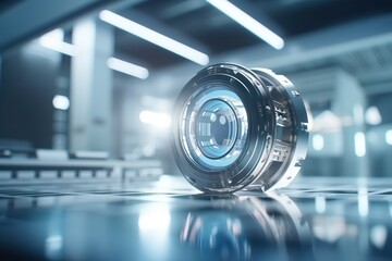Poster - A Camera Lens Sitting On Top Of A Shiny Surface In A Room Car Dealership Photorealism Motion Graphics