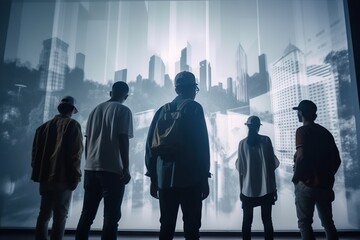 Poster - A Group Of People Standing In Front Of A Large Screen With A City Skyline Art Museum Video Art Motion Graphics Generative AI 