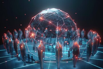 Poster - A Futuristic Sphere With People Standing Around It And Glowing Lights In The Background Deep Sea Trench Animation Motion Graphics Generative AI 