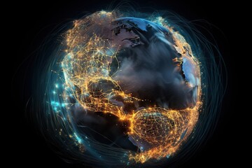 Fototapete - A Globe With A Lot Of Lights Around It In The Dark Deep Sea Trench Time-lapse Photography Supply Chain Optimization Generative AI 