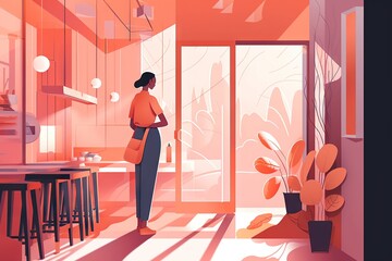 Poster - A Woman Standing In A Room With A Plant In The Corner Coffee Shop Animation Interior Design