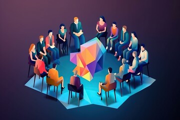 Poster - A Group Of People Sitting Around A Colorful Object On A Table Conference Room Graphic Design Employee Training And Development Generative AI 