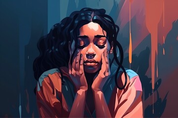 Fototapete - A Woman With Her Hands On Her Face And Her Eyes Closed Volcano Digital Art Digital Illustration Generative AI 