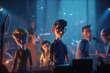Poster - A Group Of People Standing Around A Microphone In A Room With Lights Oasis Animation Animation Filmmaking Generative AI 