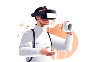 Poster - A Man In A White Shirt And Black Suspenders Holding A Cup Coffee Shop Stereoscopic Photography Virtual Reality