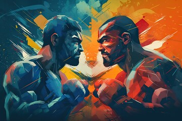 Poster - Two Men Facing Each Other In A Colorful Painting Style Of Two Men Facing Each Other Boxing Gym Typography Infographic Design Generative AI 