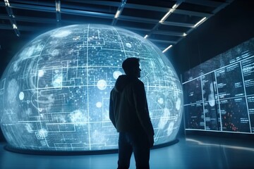 Poster - A Man Standing In Front Of A Large Projection Of A Globe Science Museum Animation Data Analytics