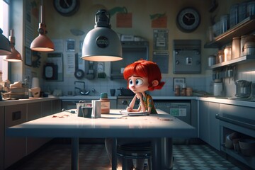 Poster - A Cartoon Character Sitting At A Table In A Kitchen With A Lamp Restaurant Animation Animation Filmmaking