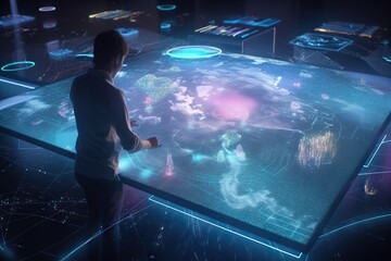 Poster - A Woman Standing In Front Of A Large Display Of A Futuristic City Conference Room Animation Data Analytics Generative AI 