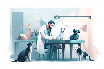 Poster - A Man In A Lab Coat Sitting At A Table With Dogs Workshop Advertising Photography Veterinary Medicine