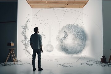 Poster - A Man Standing In Front Of A White Wall With A Drawing On It Lunar Landscape Kinetic Art Motion Graphics Generative AI 