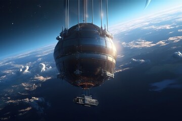 Fototapete - A Space Station Floating In The Sky Above The Earth With A Bright Light Construction Site Constructivism Transportation Generative AI 