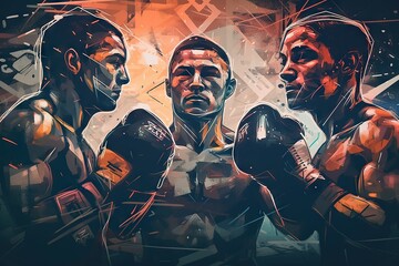 Poster - A Painting Of Three Men In Boxing Gear One Of Them Is Wearing A Black And Orange Shirt Boxing Gym Digital Art Digital Illustration Generative AI 