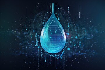 Poster - A Blue Water Drop With A Futuristic Background And A Digital Grid Water Treatment Plant Digital Art Data Analytics Generative AI 
