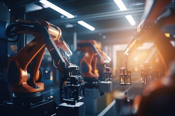 Poster - A Factory With Robotic Arms And Robotic Arms In The Process Of Assembly Factory Animation Robotics Engineering Generative AI 