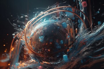 Fototapete - A Computer Generated Image Of A Sphere Surrounded By Blue And Orange Shapes Junkyard Kinetic Art Motion Graphics Generative AI 