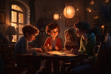Poster - A Group Of Children Sitting Around A Table In A Room With Lights Workshop Animation Animation Filmmaking