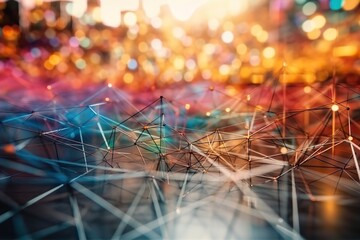 Poster - A Group Of Pins Sitting On Top Of A Table Next To A City Modern City Skyline At Blue Hour With Advertising Photography Supply Chain Optimization Generative AI 