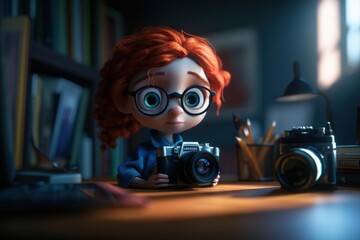 Poster - A Doll With Glasses And A Camera On A Table Next To A Book Shelf Savanna Animation Animation Filmmaking Generative AI 