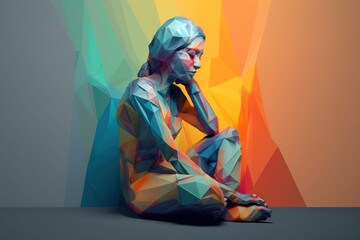 Poster - A Person Sitting On The Ground With A Cell Phone In Their Hand Iceberg Cubism Print Design