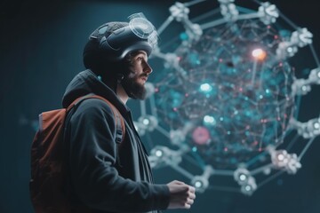 Poster - A Man Wearing A Helmet And Backpack Looking At A Structure With Many Spheres Science Museum Animation Motion Graphics Generative AI 