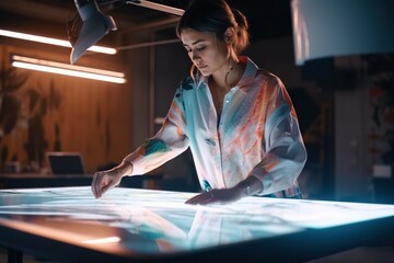 Poster - A Woman Is Looking At A Large Screen With A Light On It Workshop Kinetic Art Motion Graphics Generative AI 