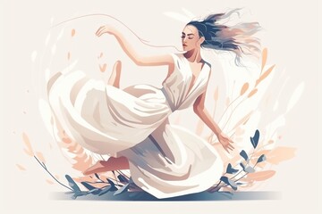Poster - A Woman In A White Dress Is Dancing With Her Hair In The Wind River Animation Digital Illustration Generative AI 
