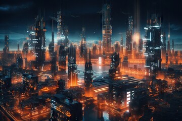 Poster - A Futuristic City With A Lot Of Tall Buildings And Lights At Night Modern City Skyline At Night Animation Cities Generative AI 