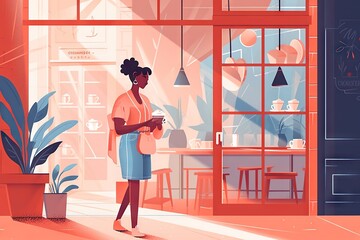 Poster - A Woman Standing In A Room With A Cup Of Coffee In Her Hand Coffee Shop Animation Interior Design Generative AI 