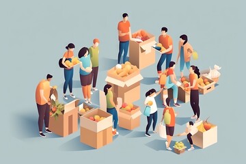 Poster - A Group Of People Standing Around Boxes Of Food And Drinks With One Person Handing Something Farm Stand Graphic Design Nonprofit Organizations Generative AI 