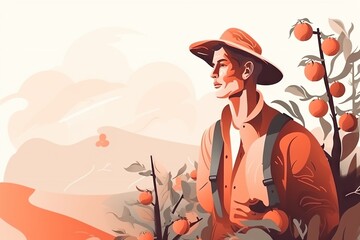 Poster - A Man In A Hat And Backpack Standing In A Field Of Oranges Orchard Color Field Painting Agriculture