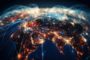 Poster - A Map Of The World With Lights And Lines Of Cities In The Middle Deep Sea Trench Advertising Photography Supply Chain Optimization Generative AI 