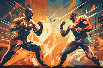 Fototapete - Two Men In A Fighting Stance In A Digital Painting Style One Of Them Is Wearing A Helmet Boxing Gym Typography Infographic Design Generative AI 