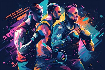 Poster - A Couple Of Men Running In A Race With Colorful Paint Splatters Boxing Gym Typography Poster Design