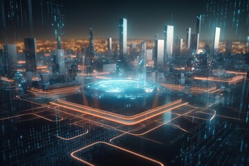 Fototapete - A Futuristic City With A Futuristic Clock In The Middle Of It Modern City Skyline At Blue Hour With Reflections And Lights Animation Supply Chain Optimization Generative AI 