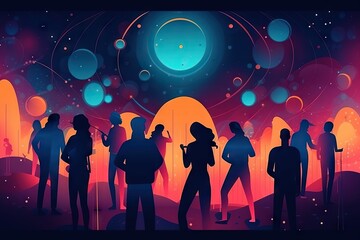 Poster - A Group Of People Standing In Front Of A Colorful Background With Bubbles Nightclub Animation Group Travel Generative AI 