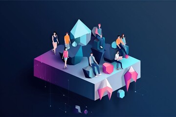 Poster - A Group Of People Standing On Top Of A Table With A Blue Background Conference Room Graphic Design Infographic Design Generative AI 