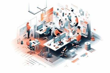 Poster - A Group Of People Working At Computers In A Room With Orange And White Walls Workshop Graphic Design Infographic Design Generative AI 