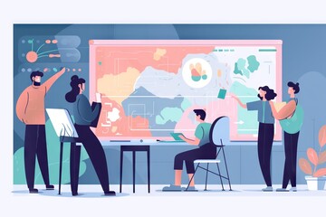 Poster - People Are Standing Around A Large Screen With A Map On It Classroom Graphic Design Instructional Design
