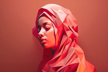 Poster - A Woman With A Red Head Covering Her Face And A Red Background Oasis Origami Motion Graphics