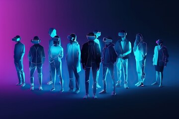 Fototapete - A Group Of People Wearing Virtual Reality Headsets And Standing In A Line Nightclub Video Art Virtual Reality