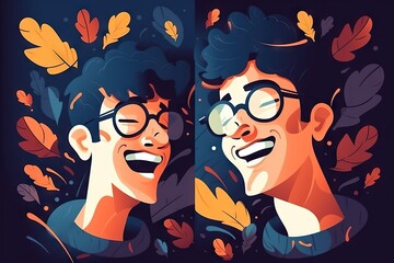 Poster - Two Men Laughing And Looking At Each Other With Autumn Leaves Around Them Autumn Forest Animation Vector Art Generative AI 