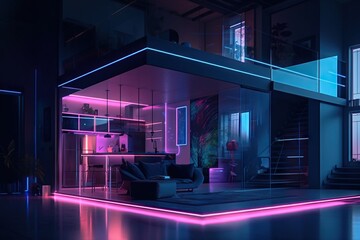 Poster - a living room with a couch and a neon light in the room living room video art smart homes