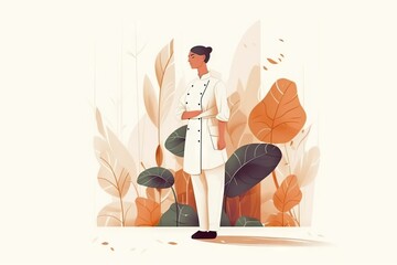 Poster - A Woman In A White Shirt And Black Shoes Standing In Front Of A Plant Autumn Forest Animation Branding And Identity Design Generative AI 