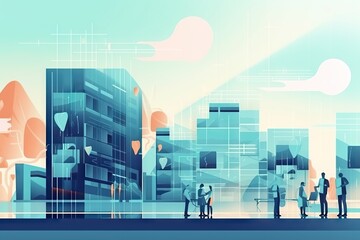 Fototapete - A Group Of People Standing In Front Of A Cityscape Modern Urban Skyline Animation Motion Graphics