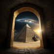 A view of an ancient pyramid from a secret passage. Generative AI