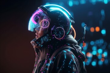 Poster - A Person Wearing A Futuristic Helmet And Glowing Headphones In A Dark Room Gas Station Animation Wearable Technology Generative AI 